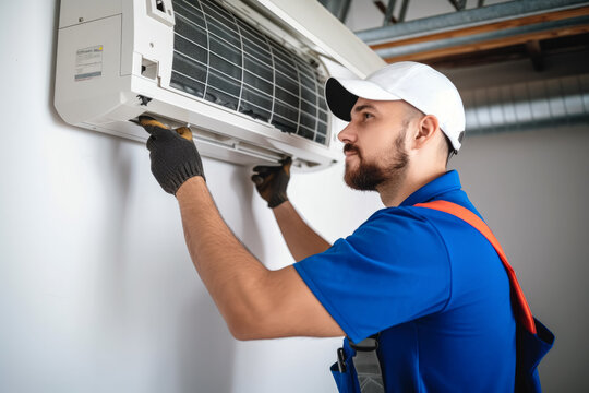 HVAC technician installing a mini split air conditioner in San Francisco