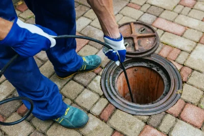 Plumber cleaning an outdoor sewer drain in San Francisco