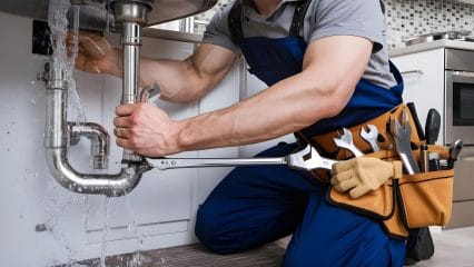 Plumber repairing pipes beneath a sink in San Francisco